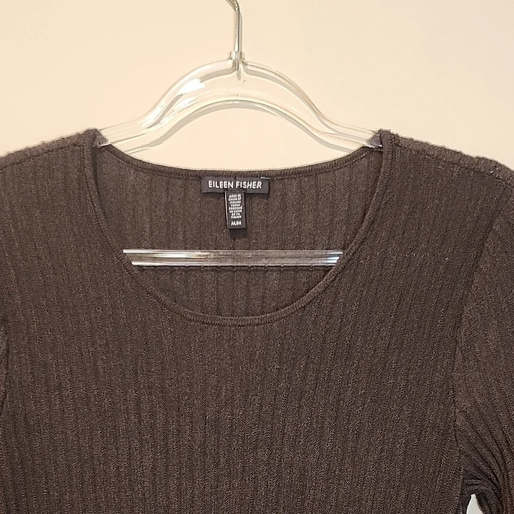 Eileen Fisher Dark Brown Wool Pleated Scoop-Neck Long-Sleeve Dress - Picture 3 of 10